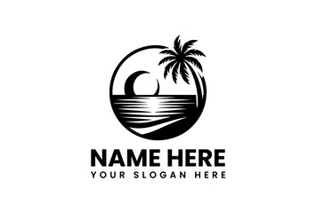 Circular Logo Depicting Palm Tree Ocean and Crescent Moon Silhouette.