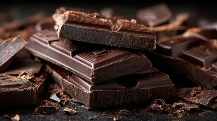 Rich Dark Chocolate Pieces with Shavings on Black Surface, Perfect for Culinary Delights and Dessert Inspiration with Luxurious Texture and Color