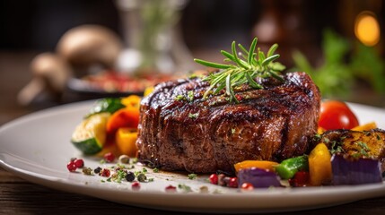 Deliciously Grilled Steak with Fresh Herbs and Colorful Vegetables on a Rustic Wooden Table in a Cozy Dining Setting