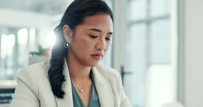 Computer, concern and business woman in office for online proposal, finance report and issue. Accounting, financial consultant and person on technology for budget review, research and revenue worry