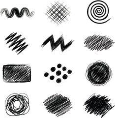 Collection of various black ink brush strokes and scribbles on white background.