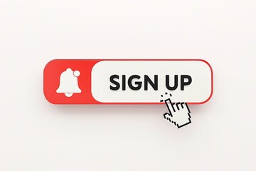 Clicking the red and white sign up button with a bell icon and a cursor hand pointing to it