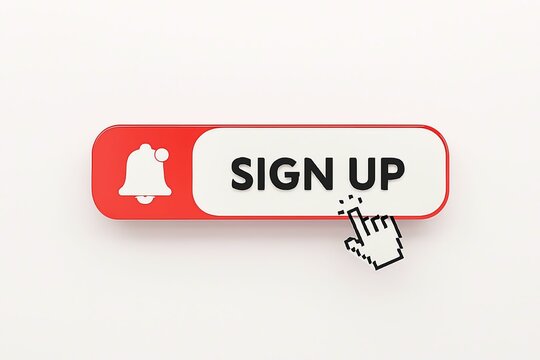 Clicking the red and white sign up button with a bell icon and a cursor hand pointing to it