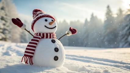 Obraz premium Cheerful snowman welcomes winter with open arms in a snowy wonderland, perfect for holiday greetings and seasonal promotions with magical, happy vibes
