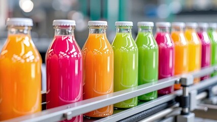 colorful fruit juice bottles on conveyor belt in beverage factory - Powered by Adobe