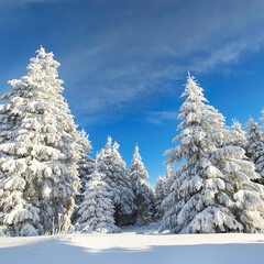 beautiful winter morning with snow forest and sunshine