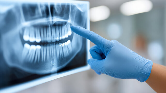 Dental implant x-ray scan on lightbox display for dental health and examination