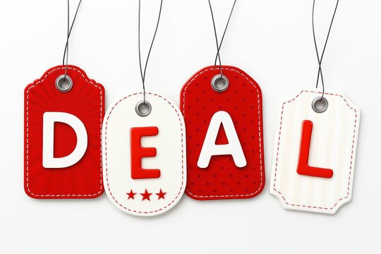 Four hanging tags spelling out the word deal in red and white colors against a white background