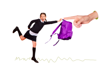 Composite photo collage of happy schoolgirl hold backpack human point index finger school education concept isolated on painted background