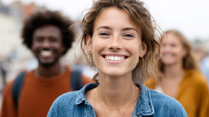 Smiling multicultural friends walking outdoors with backpacks on a sunny day