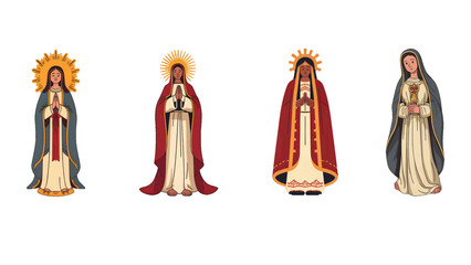 Diverse depictions of the Virgin Mary, a symbol of faith, hope, and protection in various cultural artistic styles for religious celebrations and spiritual reflection