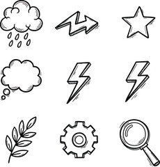 Hand drawn doodle icons set with weather and nature elements.