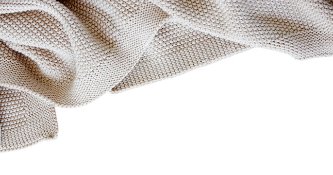 Beige knitted blanket isolated png file on trahsparent background. Cutout object . Banner