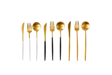 Modern cutlery set gold color isolated png file cutout object on transparent background top view. Banner. Elegant table setting.
