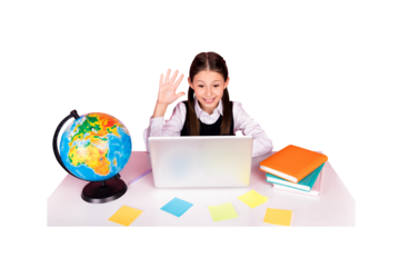 Composite photo collage of happy schoolgirl wave hand macbook elearn desk supplies education online concept isolated on painted background