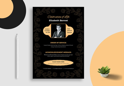 Black And Yellow Funeral Program Card Design Template
