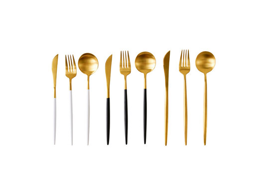 Modern cutlery set gold color isolated png file cutout object on transparent background top view. Banner. Elegant table setting.