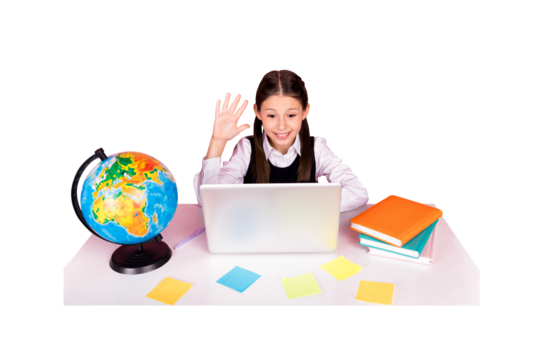 Composite photo collage of happy schoolgirl wave hand macbook elearn desk supplies education online concept isolated on painted background - Powered by Adobe
