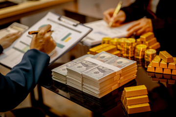 A suited Asian analyst confirms the tangible value of global gold holdings, carefully placing a...