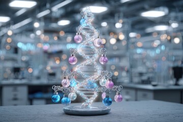A glowing DNA helix shaped like a Christmas tree decorated with colorful ornaments, standing against a dark background. This unique and festive decoration combines science and holiday spirit.
