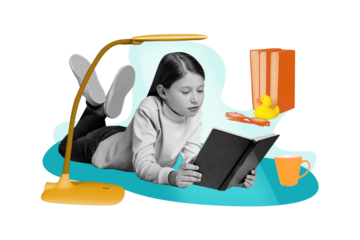 Composite photo collage of serious schoolgirl bookworm reader literature homework subject education isolated on painted background