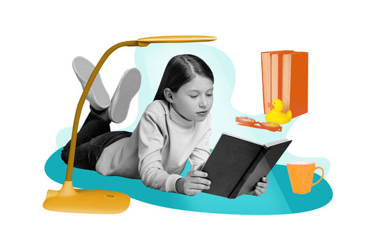Composite photo collage of serious schoolgirl bookworm reader literature homework subject education isolated on painted background