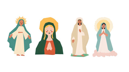 Four depictions of the Virgin Mary offer blessings, peace, and hope, perfect for religious celebrations, graphic design or devotional materials with sacred art