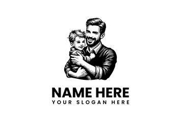 Engraved Style Father Holding Smiling Child with Textured Clothing and Hair.