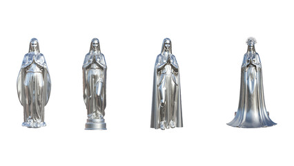 Four stunning silver statues depicting the Virgin Mary in prayer, perfect for religious art, faith-based projects, and spiritual designs with timeless elegance