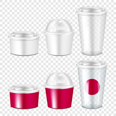 Disposable takeaway food and drink container set. 3d mockup. Paper bowls, empty transparent cup with clear plastic lids. Takeout packaging. Realistic vector mock-up. Template for design. Easy editable