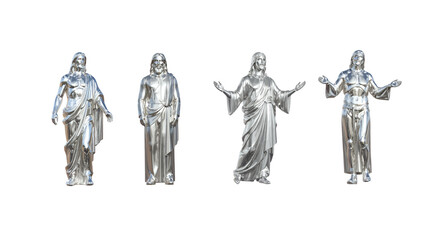 A collection of four shiny metal sculptures depicting Jesus Christ in various poses, conveying faith, spirituality, and religious themes for design projects