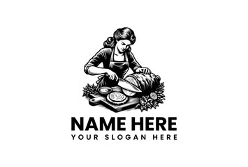 Engraved Woman Slicing Meat on Wood Cutting Board with Herbs and Citrus.