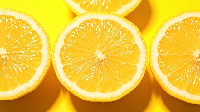 Freshly cut lemon halves creating a dynamic pattern on a vibrant yellow surface. Citrus fruit concept for healthy eating and summer vibes
