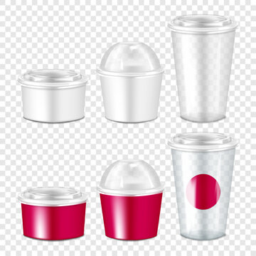 Disposable takeaway food and drink container set. 3d mockup. Paper bowls, empty transparent cup with clear plastic lids. Takeout packaging. Realistic vector mock-up. Template for design. Easy editable