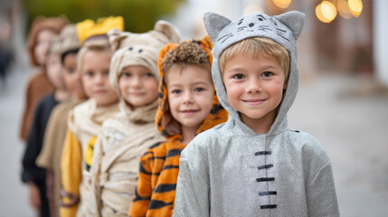 Children in creative animal costumes lined up for a fun event