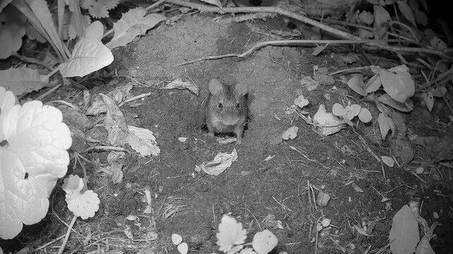 Small wild mouse is emerging from its underground burrow at night.