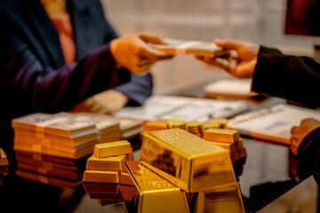 A suited Asian analyst confirms the tangible value of global gold holdings, carefully placing a 999.9 fine gold bar amidst a reflective display of physical assets.