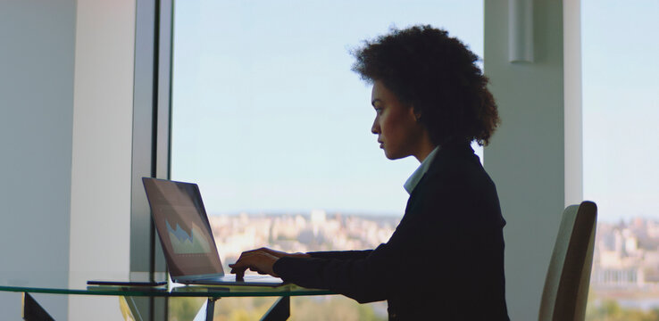 Young businesswoman with afro hair focused on laptop, analyzing financial data from a high-rise office with panoramic city view, embodying productivity and professional ambition - Powered by Adobe