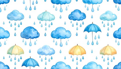 Repeating pattern of clouds and umbrellas, raining, on a white background. Watercolor style, blue, yellow, green hues