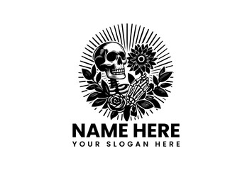 Intricate Black and White Skull Floral and Hand Design for Branding.