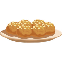 Six golden brown baked bread rolls topped with chopped nuts on a light tan ceramic plate with a white background and a transparent cutout for easy integration into designs