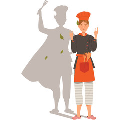 Skilled Chef with an Orange Hat and Apron Stands Confidently With a Fork Raised High and a Shadow Silhouette Behind Her Showing a Heroic Pose and Leaves Floating in the Air on a Transparent Background