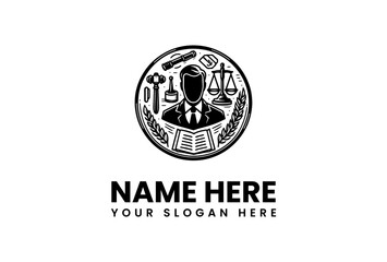 Law Firm Emblem Advocate Silhouette with Gavel Scales and Open Book.