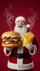 jovial Santa Claus holds two burgers and fries, with golden-brown potatoes in yellow container, creating warm and joyful scene with red hues, evoking sense of festive indulgence, Christmas