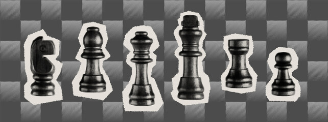 Vector collage of chess pieces with halftone texture and torn paper effect. Abstract retro design in black and white style