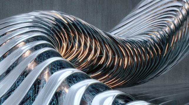 A writhing metal ribbon with neon elements, reminiscent of a data conductor or a space tunnel.