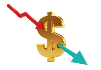 3d illustration of golden dollar sign with red and blue arrows indicating a downward trend, isolated on transparent background on transparent background