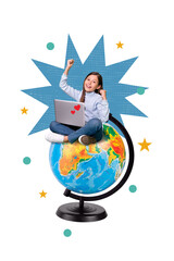 Vertical photo collage of happy schoolgirl sit globe geography lesson elearn hold laptop device...