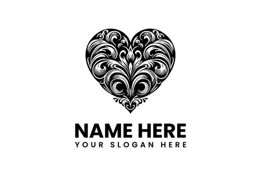 Ornate Heart Design with Swirling Filigree and Flourishes in Black and White.