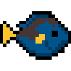 Pixel Art Blue Fish With Yellow Tail On Transparent Background